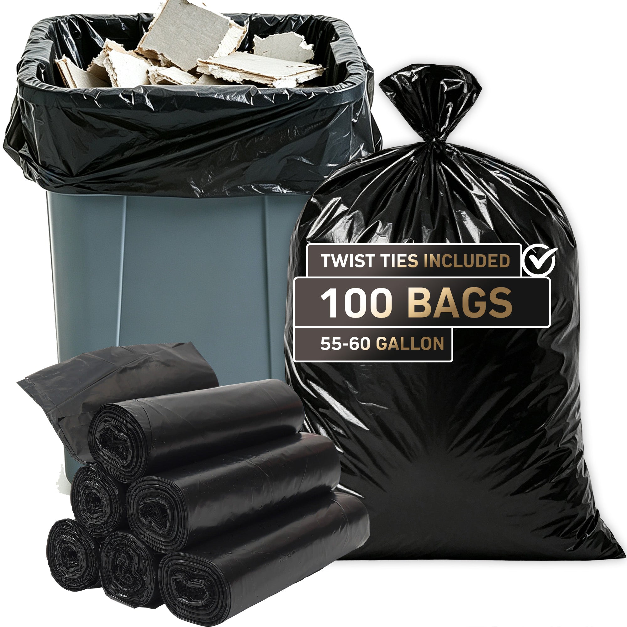 55 Gallon Extra Thick Heavy-Duty Black Trash Bags with Tie Straps, Industrial & Commercial, 100 Count