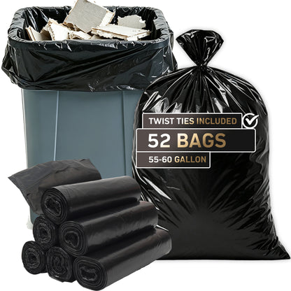 55 Gallon Extra Thick Heavy-Duty Black Trash Bags with Tie Straps, Industrial & Commercial, 52 Count