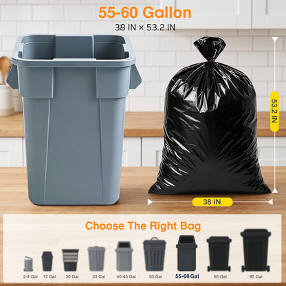 55 Gallon Extra Thick Heavy-Duty Black Trash Bags with Tie Straps, Industrial & Commercial, 52 Count