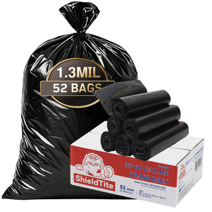 55 Gallon Extra Thick Heavy-Duty Black Trash Bags with Tie Straps, Industrial & Commercial, 52 Count